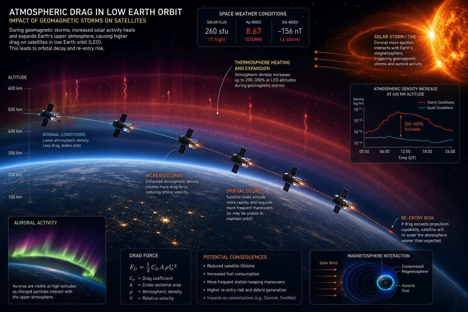 Illustration of atmospheric drag affecting low Earth orbit satellites during geomagnetic storms
