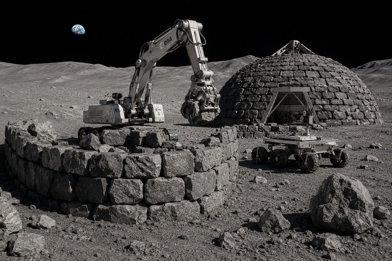 AI-generated illustration of a robotic lunar construction system assembling unprocessed stones into Moon base infrastructure